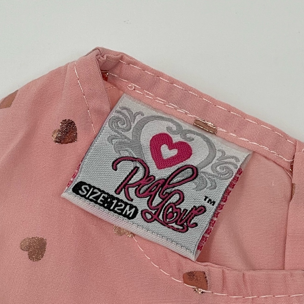 REAL LOVE PINK SHINY HEARTS DRESS & BLOOMERS RUFFLE & BOW SZ 12 MONTHS - Picture 3 of 11